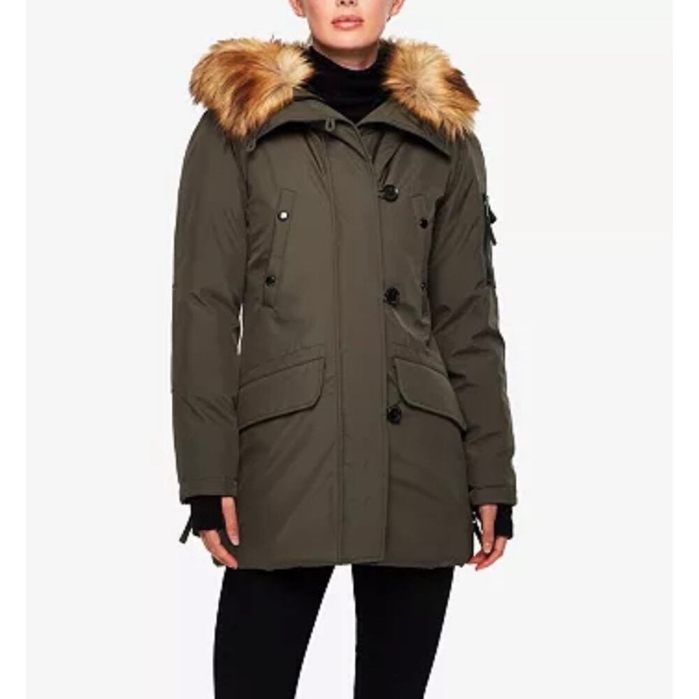 S13 NYC Eskimo Faux-Fur-Trim Hooded Puffer Parka Jacket Olive Green Sz XS